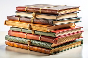 Stacks of Vintage Photo Albums & Diaries on White Background - Nostalgia Memory Collection
