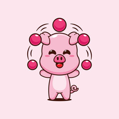 Pig cartoon vector illustration circus attraction with balls