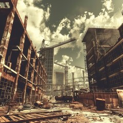 Fototapeta premium Ruined industrial cityscape under a dramatic sky