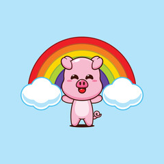 Pig cartoon vector illustration with rainbow