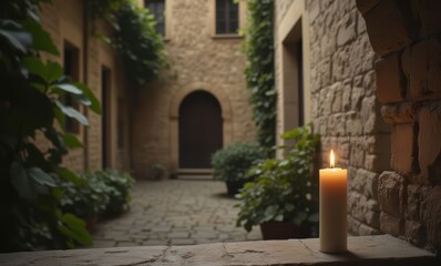 Serene candlelit courtyard scene