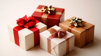 Obraz premium Four beautifully wrapped presents, adorned with elegant ribbons and bows, sit on a pristine white surface