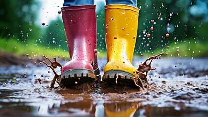 Close-Up of Colorful Rubber Boots in a Puddle Illustration for Jump in Muddy Puddles Day