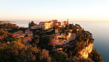 Obraz premium Golden hour illuminates coastal village perched atop dramatic cliffs overlooking calm sea