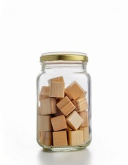 A glass jar with a gold lid filled with small, light brown wooden cubes. Simple, clean, and natural.