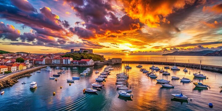 Stunning Aerial Sunset over Castro Urdiales Harbor, Spain
