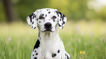 Dalmatian in the Meadow: A striking Dalmatian with its iconic black spots gazes attentively in a vibrant green meadow.