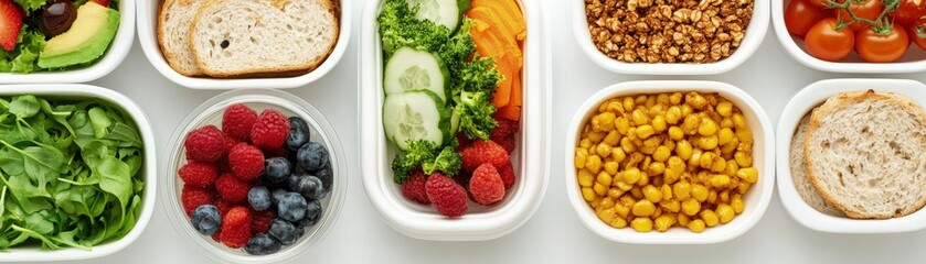 Weekly meal prep inspiration healthy lunches flatlay home kitchen food photography bright environment overhead view nutrition benefits