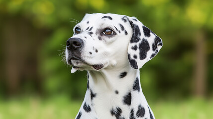 Dalmatian Dog's Portrait: Captivating close-up portrait of a Dalmatian dog with its distinctive black and white spotted coat, a symbol of elegance and loyalty. 