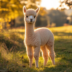 Fototapeta premium Fluffy baby alpaca standing in a green pasture, gentle and sweet, soft morning light, UHD 8K 