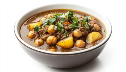 Hearty Chickpea and Potato Stew with Fresh Herbs in a White Bowl, Perfect for a Cozy Meal or Healthy Dinner Option, Showcasing Vibrant Colors and Textures of Fresh Ingredients.