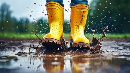 Close-Up of Colorful Rubber Boots in a Puddle Illustration for Jump in Muddy Puddles Day