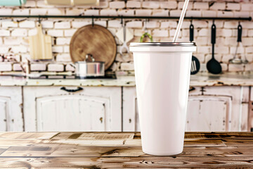 Photo realistic white tumbler with straw on rustic kitchen background