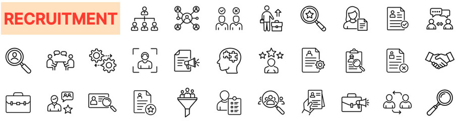 Recruitment and Hiring Icons – Job Search, HR Selection, Candidate Screening, Employee Hiring, Interview Process, Talent Acquisition, Resume Review, Workforce Management