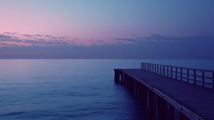 Fototapeta premium Serene sunrise pier, calm ocean, peaceful sky, tranquil mood, travel brochure