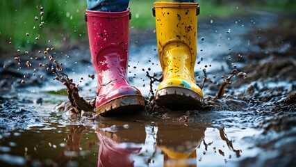Close-Up of Colorful Rubber Boots in a Puddle Illustration for Jump in Muddy Puddles Day