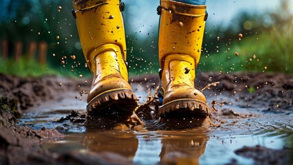 Close-Up of Colorful Rubber Boots in a Puddle Illustration for Jump in Muddy Puddles Day