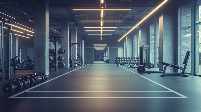 State-of-the-art Fitness Center: An interior shot of a modern, sleek gym, equipped with the latest exercise machines and weights. This spacious.