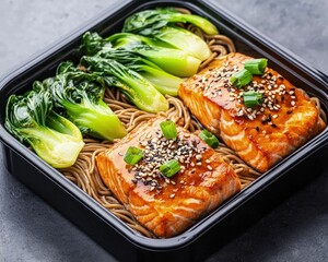 Balanced asian-inspired meal prep teriyaki salmon with soba noodles and bok choy kitchen food photography close-up healthy eating