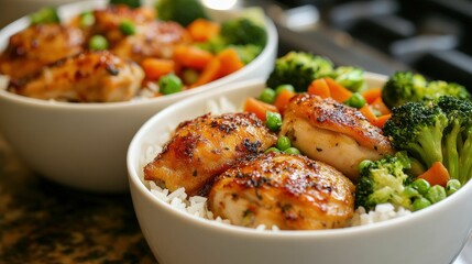 Balanced dinner prep baked chicken thighs with steamed vegetables kitchen food photography home ready-to-eat