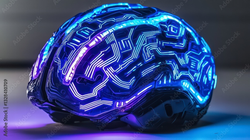 Poster digital brain: a stylized representation of a brain, its surface intricately patterned with glowing 