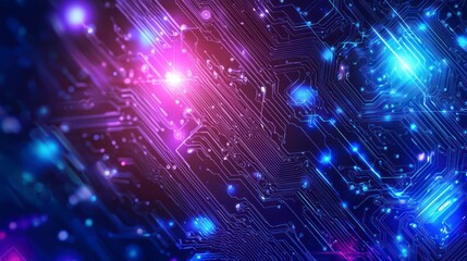 Fototapeta premium Digital Nexus: An abstract representation of a digital circuit board illuminated by vibrant blue and pink lights, embodying connectivity, data flow, and technological advancement.