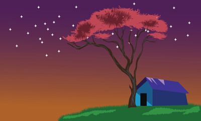 lonely house and tree with afternoon sky view wallpaper illustrations.
