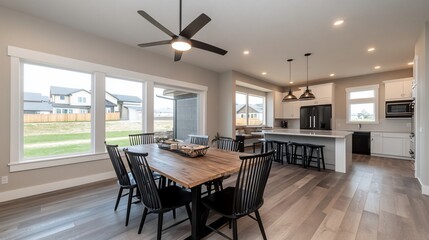 Fototapeta premium Modern dining room, open kitchen, natural light, wood table, chairs, windows
