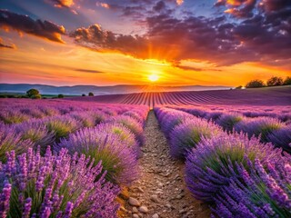 Obraz premium Stunning Provence Sunset: Close-up Lavender Field in France