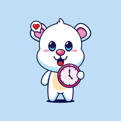 Polar bear cartoon vector illustration with clock