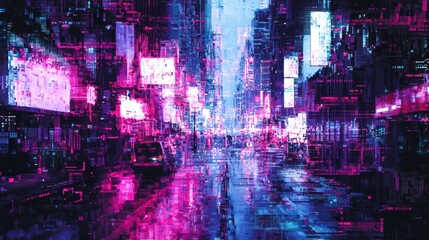 Naklejka premium Neon Cityscape: A futuristic metropolis at night, pulsating with neon lights and a vibrant energy, reflecting on wet streets creating an immersive cyberpunk vision.
