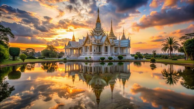 Stunning Sunset Reflection: Marble & Cement Temple at Sikhio, Nakhon Ratchasima, Thailand