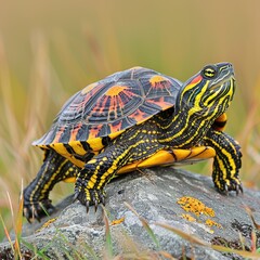 Obraz premium Colorful turtle on rock in grass field