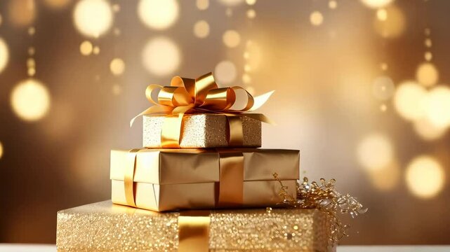 Christmas or Birthday gift boxes on bokeh golden background