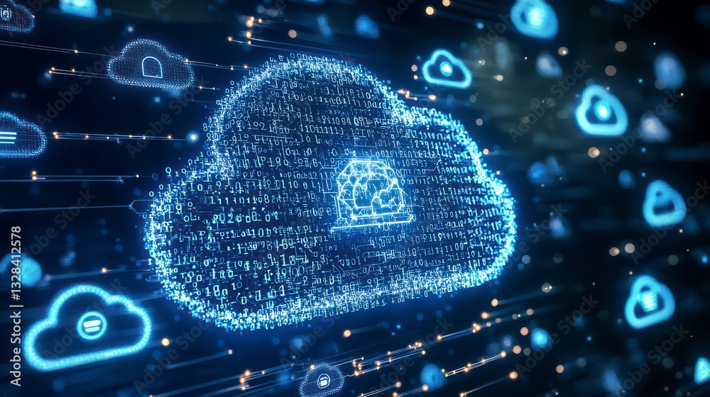 Poster digital cloud: this image presents a modern data cloud graphic, with data streams and futuristic aes