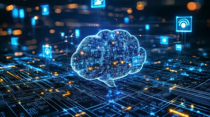 Obraz premium Digital Brain: An innovative depiction of a digital brain, illuminating the intricate network of technology and data that powers our modern world. 