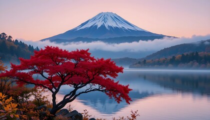 Colorful Autumn Season and Mountain Fuji with morning fog and red leaves at lake Kawaguchiko is one of the best places in Japan