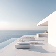Fototapeta premium Luxury Modern Home Terrace Overlooking Ocean with Minimalist Furniture