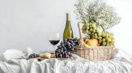 Picnic basket with wine and fruits on tablecloth