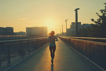 Woman Jogging City Bridge Sunrise Urban Running Fitness Back View Sport Active Street Energy Morning