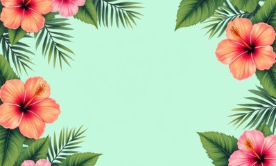 Colorful hibiscus flowers and leaves