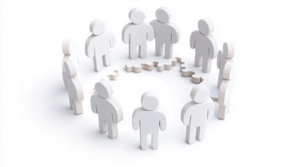 Teamwork Dynamics: Conceptual image of a diverse group of stylized figures forming a circle around a jigsaw puzzle, emphasizing collaboration, connection, and shared goals. 