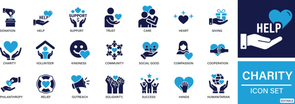 charity icon set donation, help, support, nonprofit, fundraising, volunteer, giving .You can easily change the color.