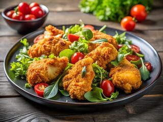 crispy fried chicken with fresh salad on black plate