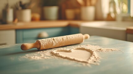Rolling pin on blue kitchen table with flour shaped into a heart, creating a warm, inviting atmosphere for baking and cooking activities