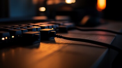 Typing on Keyboard with Cord Focus, Desk with Warm Lighting