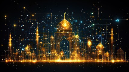 Golden illuminated mosque architecture design against a dark starry backdrop