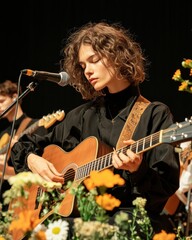 Obraz premium Performing Musician Plays Acoustic Guitar During Concert with Floral Decorations and Bandmates.