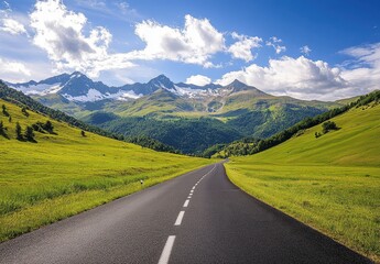 Serene Mountain Landscape with Empty Road Under Blue Sky and Fluffy Clouds, Lush Green Fields and Majestic Peaks in Bright Natural Light