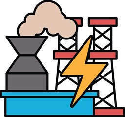 A drawing of a power plant with a cloud of smoke and a lightning bolt